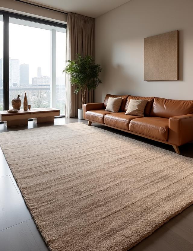 A large, textured handwoven rug in a modern living room with a leather couch.
